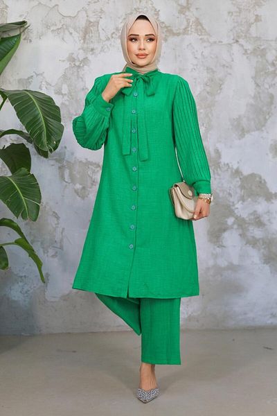 Neva Style Πλισέ μανίκια Πράσινο Hijab Διπλό Σετ 51991Y