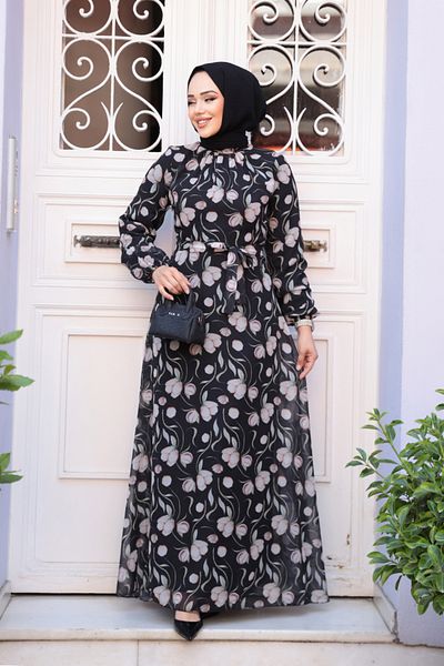 Neva Style Floral Patterned Black Hijab Dress 279909 S