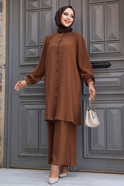 Neva Style Καφέ Hijab Διπλό Σετ - Κουμπί, 12172KH