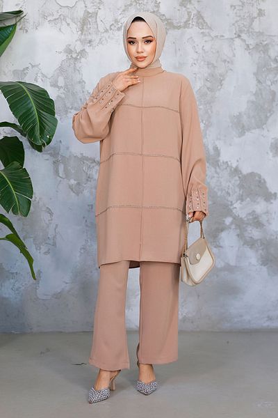 Neva Style Pearl Embroidered Camel Hijab Double Suit 65883C