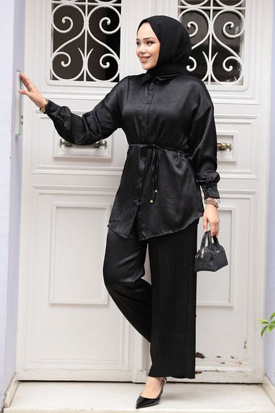 N.S NEVA STYLE Μαύρο Hijab Διπλό Σετ με Κουμπί 4016S