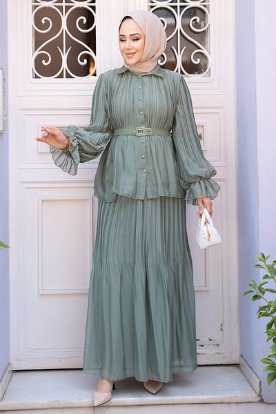 N.S NEVA STYLE Διπλό Σετ με Πλισέ Πράσινη Φούστα Hijab 4478CY