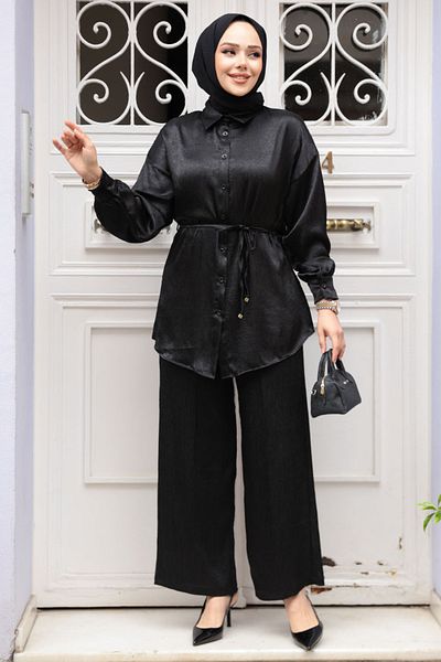 N.S NEVA STYLE Μαύρο Hijab Διπλό Σετ με Κουμπί 4016S