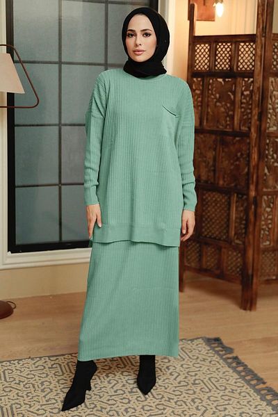 Neva Style Πλεκτό Μέντα Hijab Σετ Διπλό Σετ 34021mint