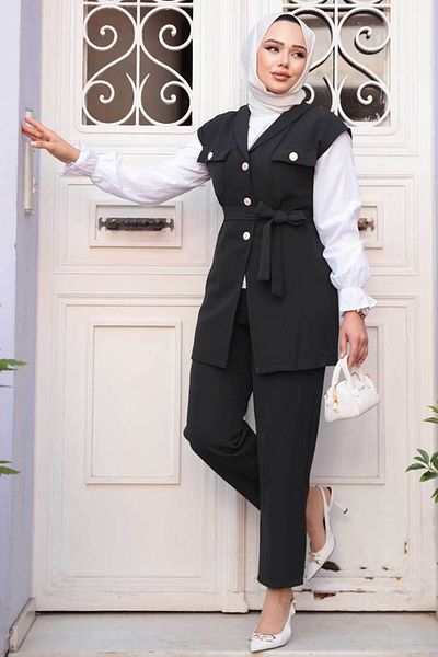 N.S NEVA STYLE Γιλέκο Μαύρο Hijab Τριπλό Σετ 6169S