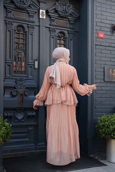 N.S NEVA STYLE Pleated Salmon Hijab Skirt Double Suit 4478Smn