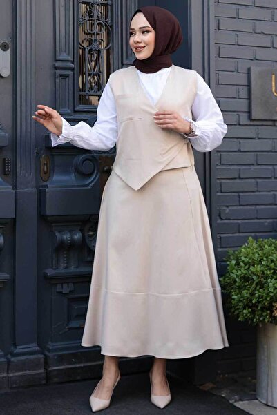 N.S NEVA STYLE Beige Hijab Skirt Double Suit 75471Bej