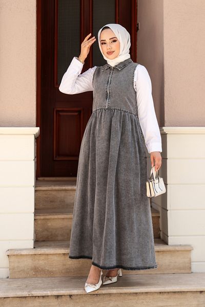 N.S NEVA STYLE Τζιν με φερμουάρ Anthracite Hijab Gilet Φόρεμα 19135ANT