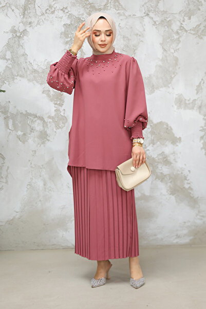 Neva Style Διπλό Σετ με Πέρλες Κεντημένο Dusty Rose Hijab Φούστα 10991GK