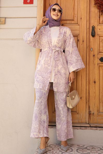 Neva Style Σετ Hijab Διπλό Κιμονό με Λιλά Σχέδιο - 12122LILA