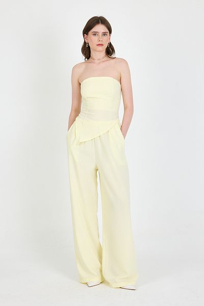 Rays Yellow Strapless Asymmetrical Blouse Pants Suit 5234