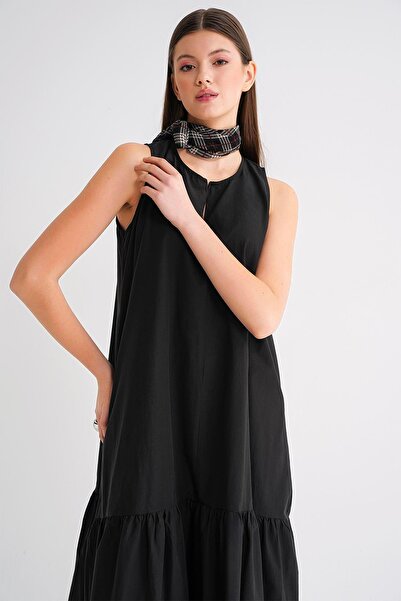 Mixray 4695 Γυναικεία φούστα με πλισέ φερμουάρ Λεπτομερές μακρύ φόρεμα αλεξίπτωτο μαύρο