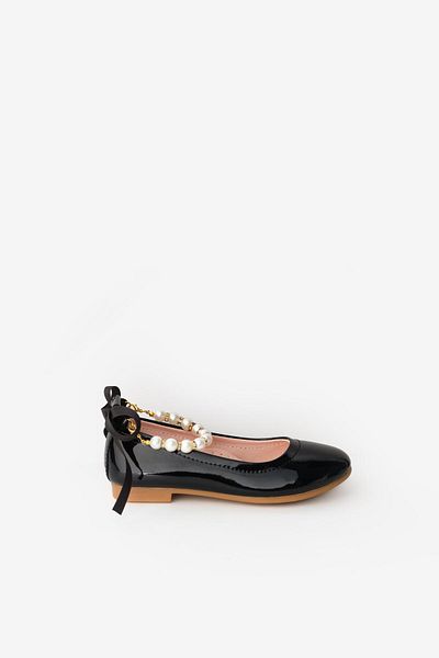 Le Mabelle Black Pearled Heel Bow Girls Shoes
