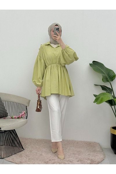 SUWWE Balloon Sleeve Striped Casual Hijab Dress