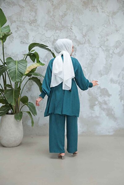 Neva Style Belted Petrol Blue Hijab Double Suit 44691Pm