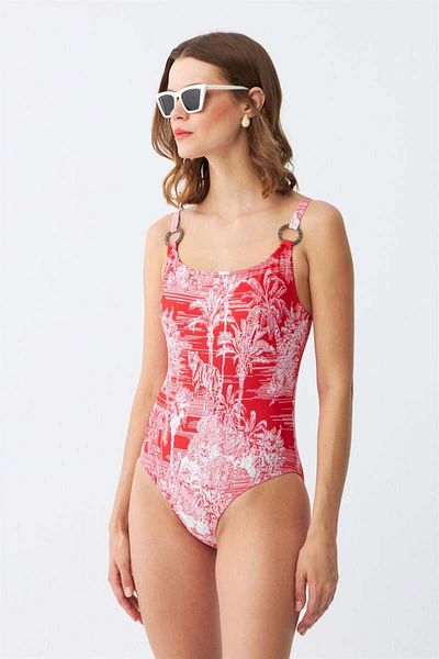 modaserdem Mdsrdm Women's Red Tropical Print One Piece Swimsuit with Accessory Strap
