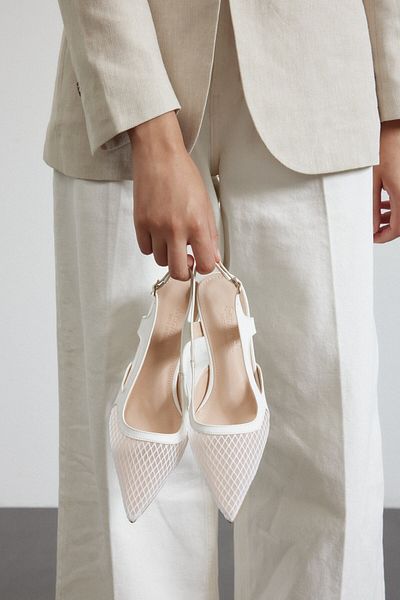 Seniorah White Skin Mesh Detailed Pointed Toe Women's Heeled Shoes