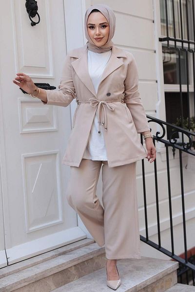 N.S NEVA STYLE Jacketed Beige Hijab Double Set 62221Bej