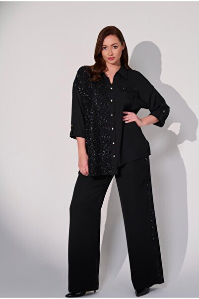 DE WHITES Plus Size Pants with Side Embroidery Detail and Elastic Back