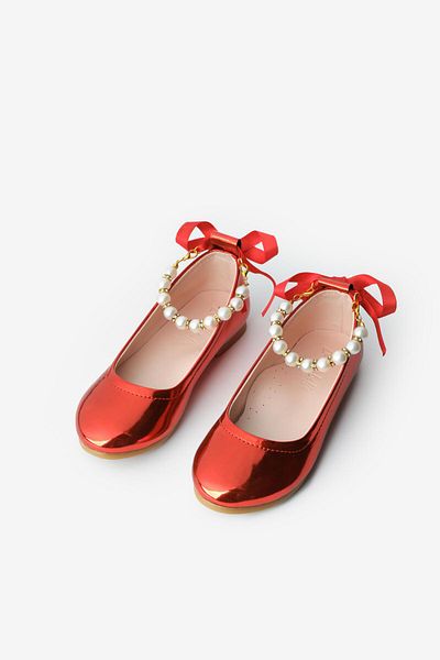 Le Mabelle Red Pearl and Bow Heel Girl's Shoes