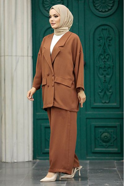 Neva Style Brown Hijab Double Suit with Blazer Jacket 5927Kh
