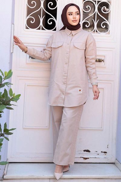 N.S NEVA STYLE Buttoned Beige Hijab Double Set 14272Bej