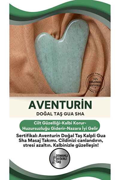 OSMANLI DOĞAL TAŞ Sertifikalı Aventurin Doğal Taş Kalpli Gua Sha Masaj Takımı...