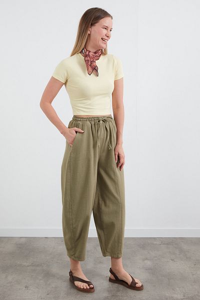 Fulla Moda Ψηλόμεσο λινό φαρδύ παντελόνι με ελαστική μέση
