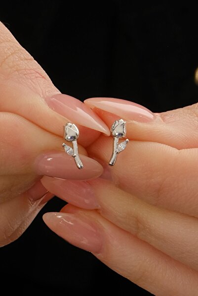 Sümer Telkari Taşlı Lale Rodyumlu Mini Gümüş Küpe 7350