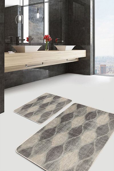Realhomes Set of 2 Classic Motif Geometric Patterned Geometric Simple & Stylish 2-Piece Bath Mat Set on Cream Floor