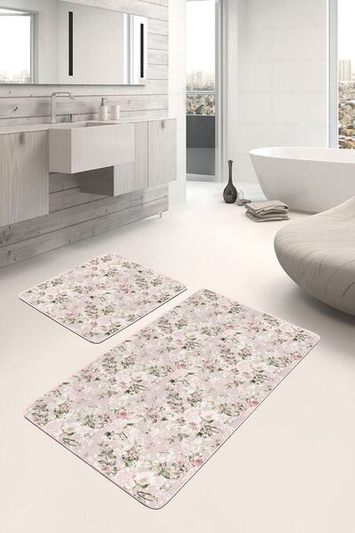 Realhomes Pembe Zemin Gül Motifleri Dijital Baskılı 2'li Kaymaz Tabanlı Banyo...