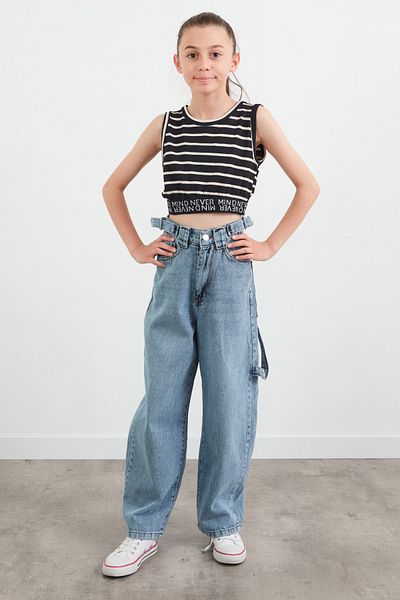 Fulla Moda Pantaloni largi pentru fete, 100% bumbac, cu cataramă în talie, cu buzunar cargo