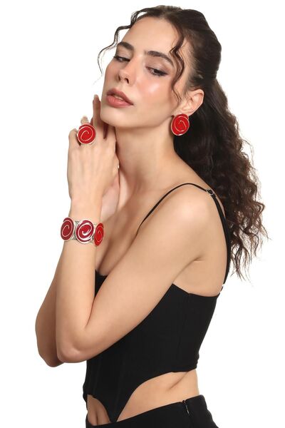LABALABA Women's Silver Color Lacquer Plated Spiked Model Red Enamel Earrings & Ring & Bracelet Set