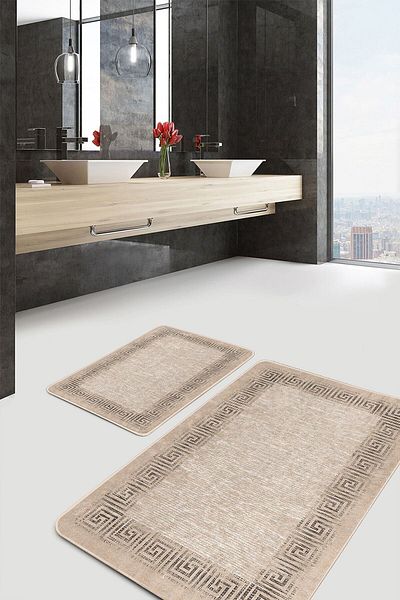 Realhomes Geometric Classic 2-Piece Bathroom & Kitchen Mat Set with Framed Motifs and Antique Patterns on Beige