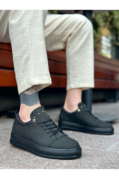 pabucmarketi Lace-Up Linen Men's Shoes Black (Black Sole)