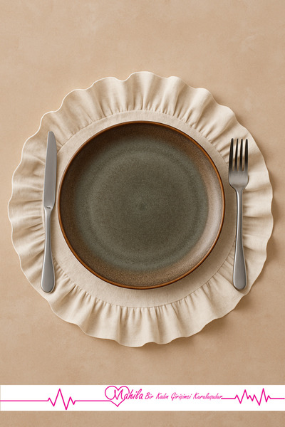 Mahila Ham Organik Keten, 40x40cm 2 Adet %100 Pamuklu Fırfırlı Daire Supla, Şık Tasarım, Dekoratif Kullanım