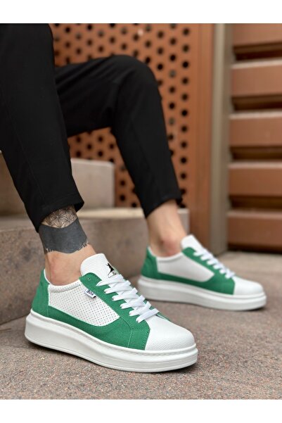 pabucmarketi Lace-Up High Sole Men's Sports Shoes White Green (White Sole)