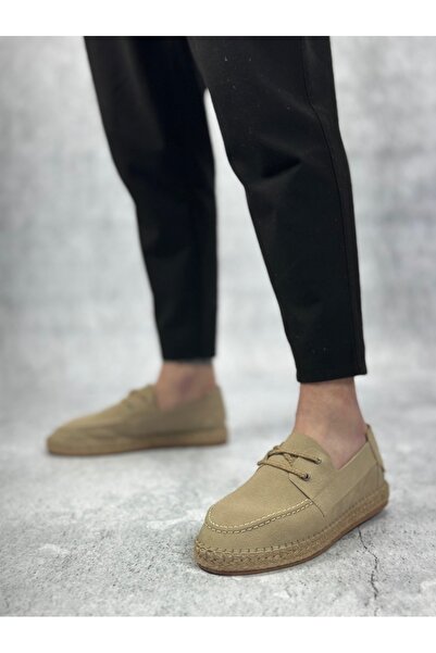 BOA Pabucmarketi Lace Detailed Natural Leather Powder Rubber Handmade Espadrille Men's Shoes Beige