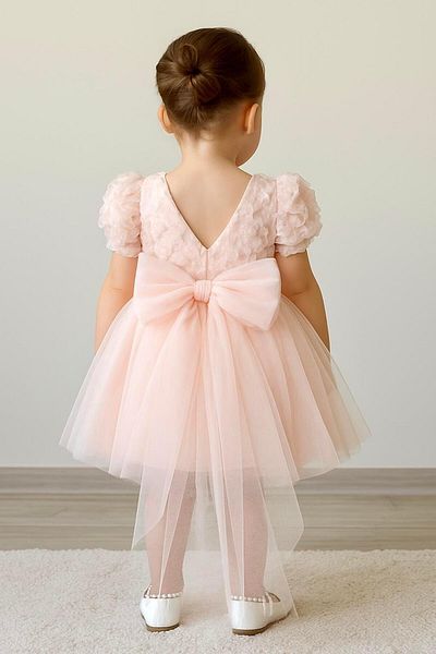 2kids2mom Baby Girl Powder Dress Short Sleeve Bow Birthday Party Wedding Special Occasion Tulle Lined Princess Par