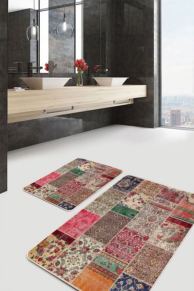 Realhomes Red - Patchwork Motif on Cream Floor Traditional Vintage Ethnic Motifs 2-Piece Bath Mat Set