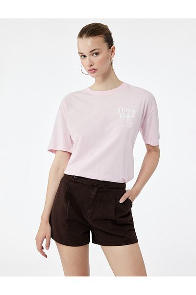 Koton Short Sleeve Crew Neck Cotton Oversized T-Shirt with Printed Back Bow