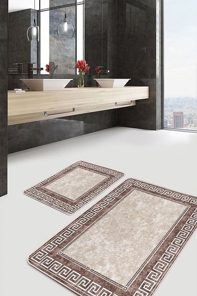Realhomes 2-Piece Beige Framed Motif Classic Patterned Geometric Classic 2-Piece Bathroom & Kitchen Mat Set