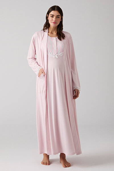 MERCİ MARYA Pudra Dantel Detaylı Gecelik Sabahlık Hamile Lohusa Takımı