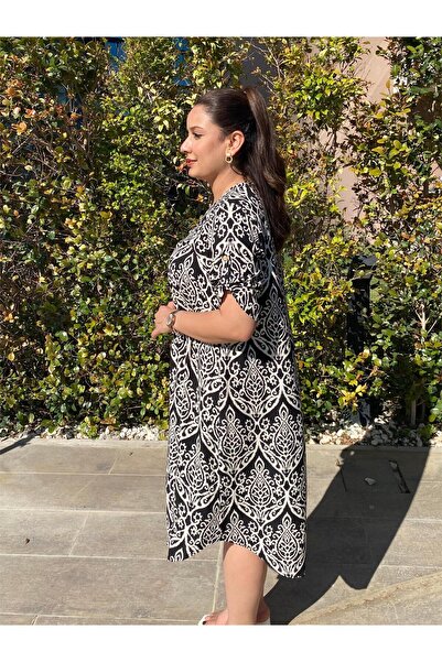 ELSEBUTİKTR Women's Loose Cut Cotton Viscose Dress with Sleeve Epaulettes