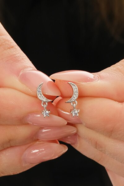 Sümer Telkari Taşlı Ay Rodyumlu Mini Gümüş Küpe 7348