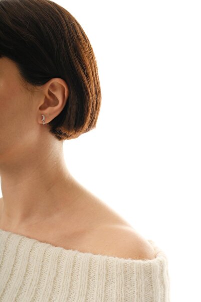 Sümer Telkari Taşlı Ay Rodyumlu Mini Gümüş Küpe 7348