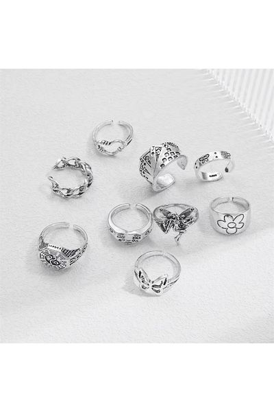 Girift Vintage Cherub 9 Piece Adjustable Angel Heart Butterfly Figured Ring Set