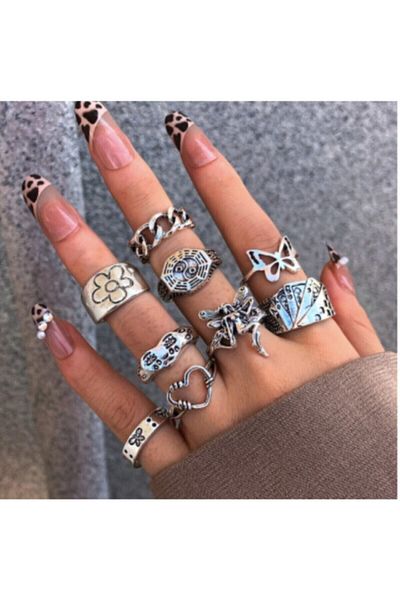 Girift Vintage Cherub 9 Piece Adjustable Angel Heart Butterfly Figured Ring Set