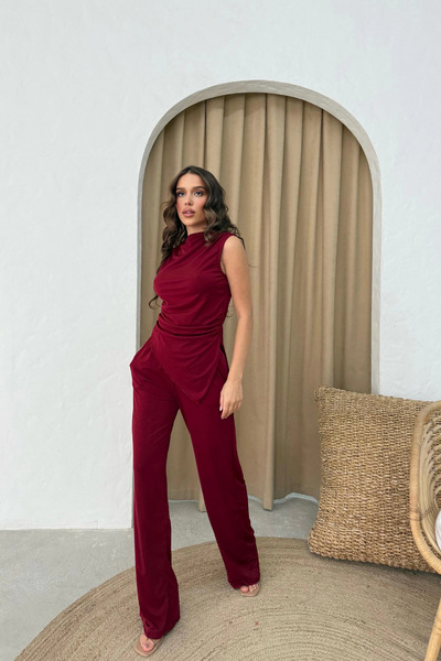 Aventien Asymmetrical Detail Sandy Fabric Burgundy Blouse Trousers Set