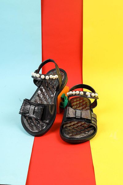 Moda Lime Girls' Sandals Flexible Comfortable Slippers with Stone Bow and Bead Detail